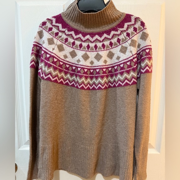 Tahari Brown and Pink Nordic Fair Isle Mock Neck Sweater Scandinavian - Picture 1 of 6